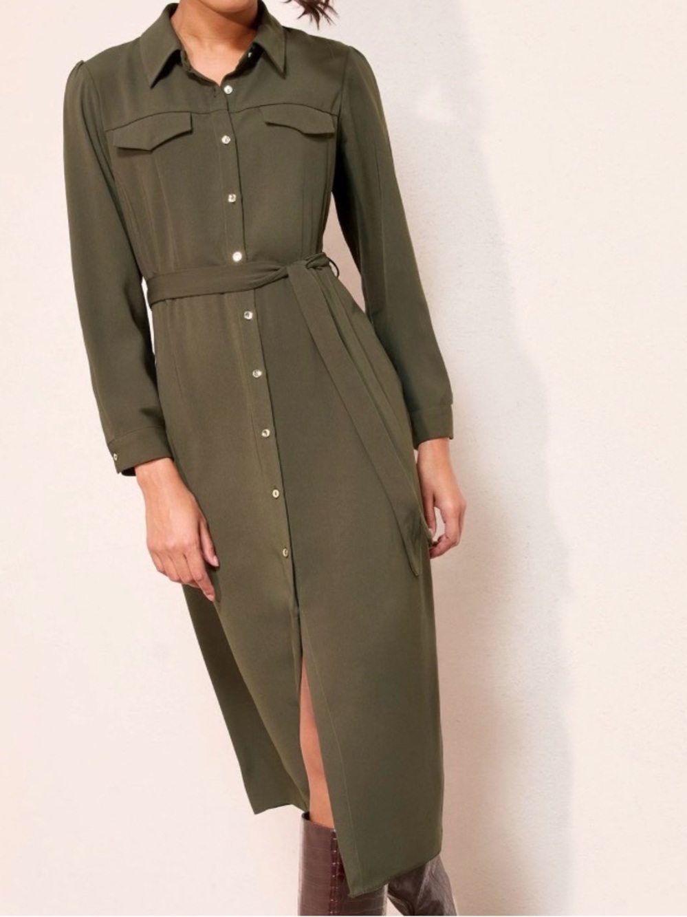 Lucky Brand Olive Green Long-Sleeve Tie-Waist Shirt Dress Size XS